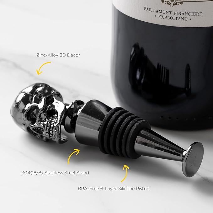Homestia Wine Bottle Stoppers for Glass Bottles, Skull Bottle Stopper Reusable Wine Corks Black Wine Tool, Zinc-Alloy Silicone Wine Stoppers, Wine Toppers with Decors
