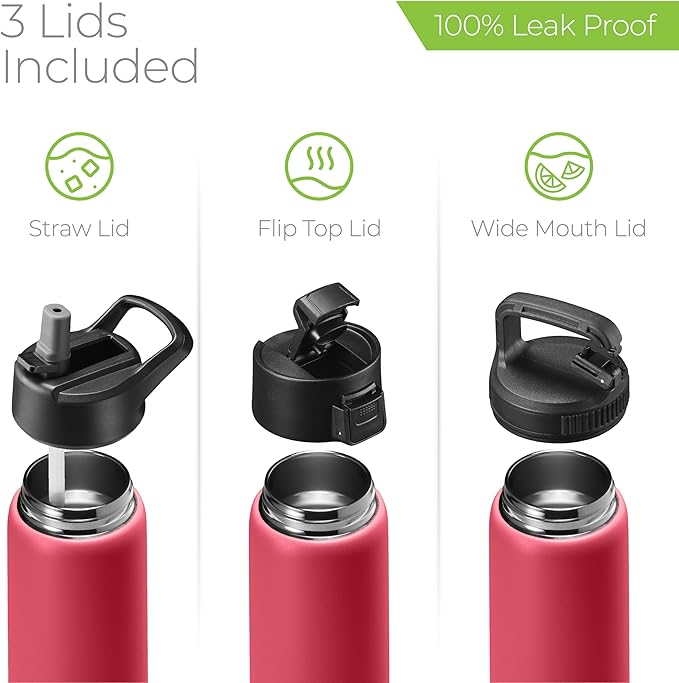 SipX™ Triple-Insulated Stainless Steel Water Bottle 25oz. With 3 Lids, BPA-Free Reusable Insulated Water Bottle Keeps Cold 24 Hours, Metal Water Bottle Made Of Sustainable Material For Hiking & Biking