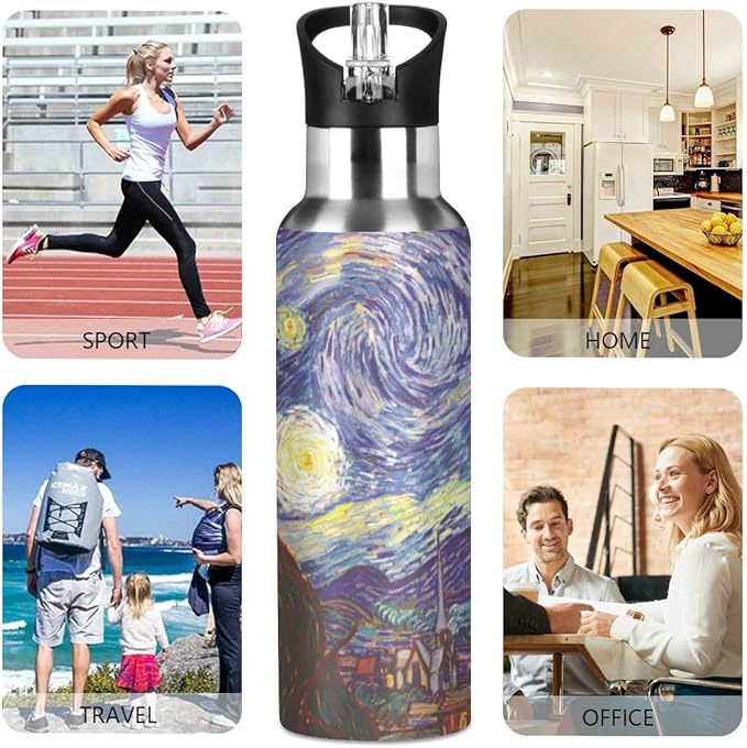 Van Gogh The Starry Night Sports Water Bottle, 22 Oz BPA Free Non-Toxic Stainless Steel Water Bottle with Straw for Gym Yoga Fitness Camping