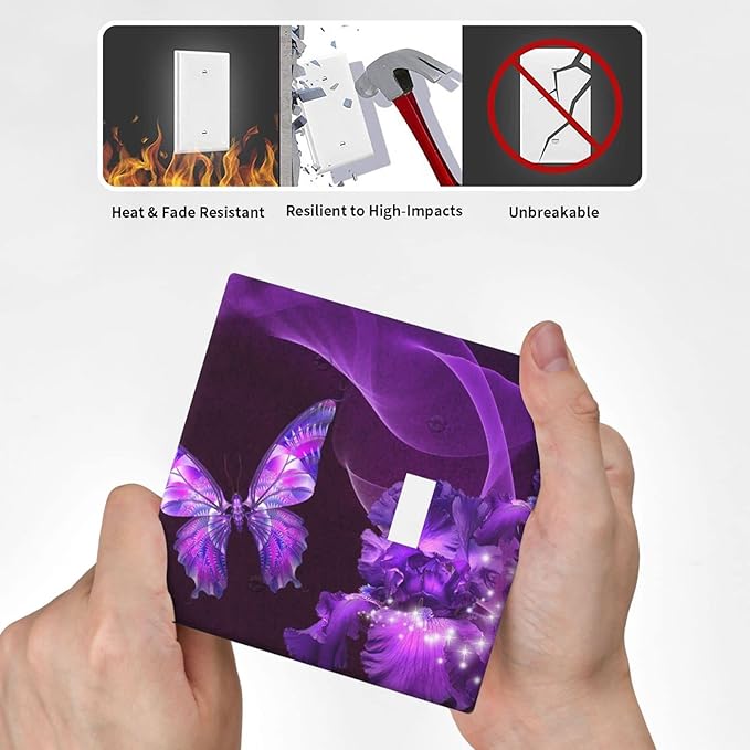 Purple Butterfly Flower Combo Single Blank 1 Single Toggle Light Switch Wall Plate Cover Decorative 2-Gang for Electrical Girls Room Bathroom Bedroom Home Kitchen One Receptacle 4.5" x 4.6"