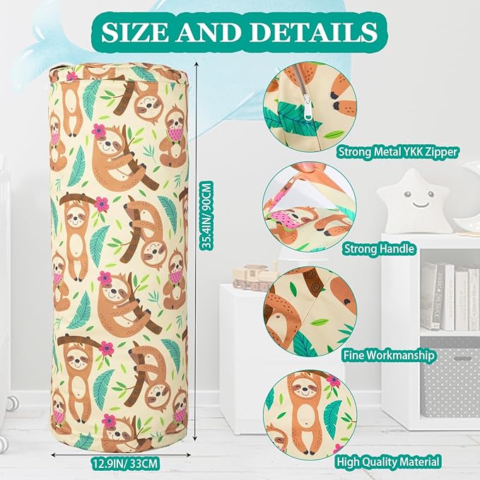 Stuffed Animal Bean Bag Storage Chair for Kids Cover Only (No Filler), Organize, Sit, Play & Boxing, 100% Cotton Canvas Washable, Ultra Soft Cylinder Long Vertical Zipper Best Gift for Child