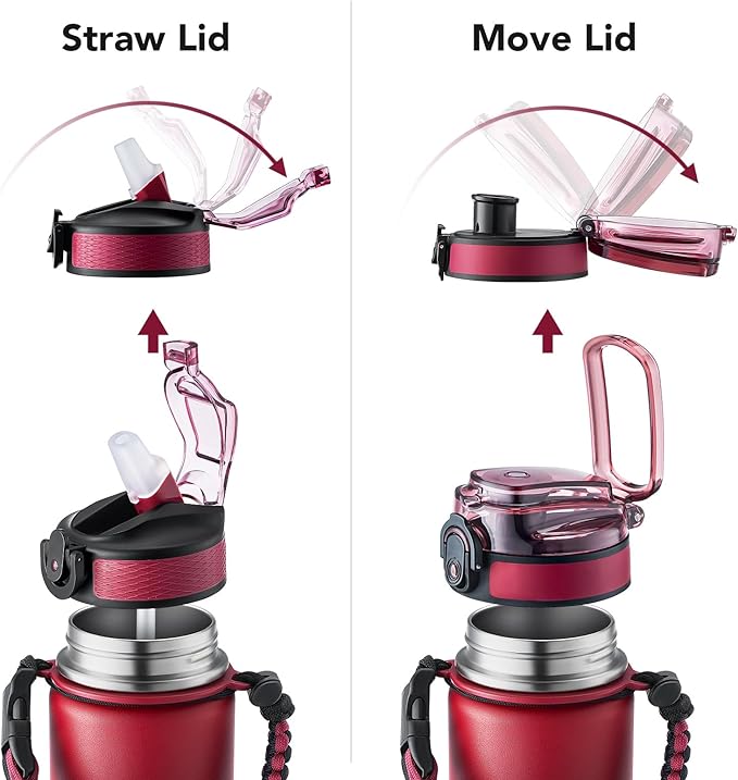 GOSWAG Insulated Sports Water Bottle, 24oz 2 Lids(with Straw/No Straw), Stainless Steel Water Bottles with Paracord Handle, Insulated Thermos with Double-Wall Vacuum Insulation