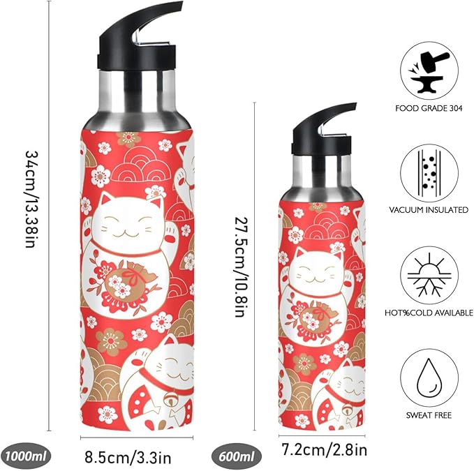 ALAZA Lucky Cat Maneki Neko Red Water Bottle With Straw Lids Boys Girls,Vacuum Insulated Leakproof Stainless-Steel Sports Bottle Thermal Flask For Gym Yoga Camping,20Oz (600Ml)
