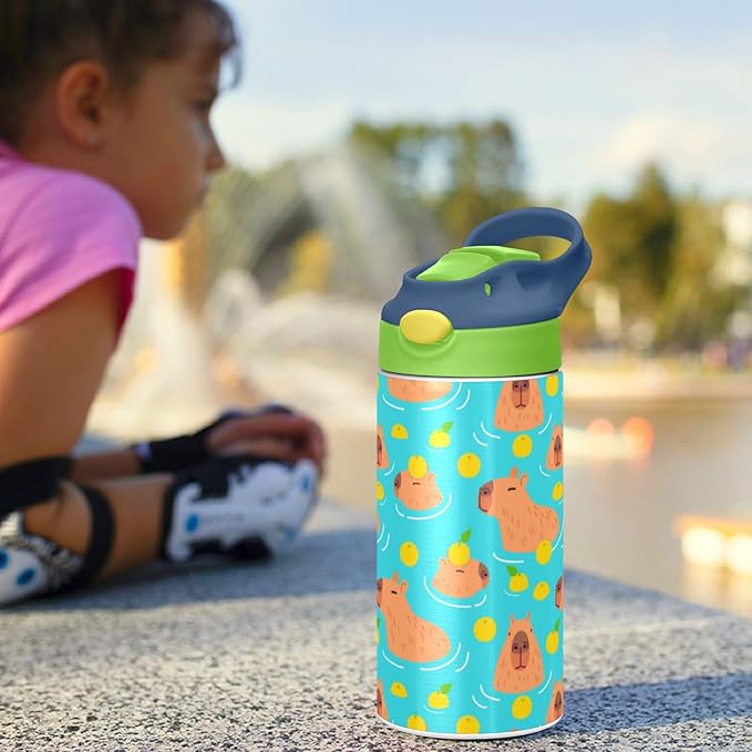 Cute Capybaras Kids Water Bottle with Straw Lemon Insulated Stainless Steel BPA-Free Sport Bottles for Boys Girls Toddlers 12 oz Green Lid