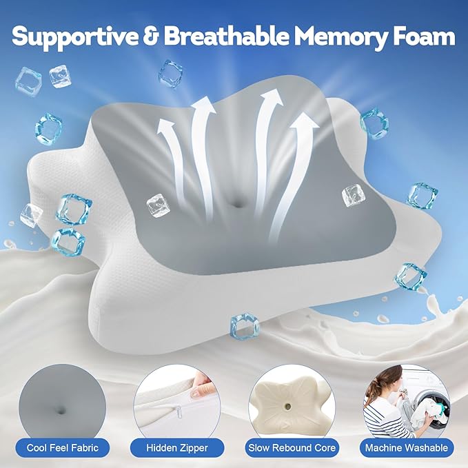 Cervical Neck Pillow, Side Sleeper Pillow for Neck Shoulder Pain Relief, Contour Memory Foam Cooling Pillow for Back Stomach Sleepers, Ergonomic Orthopedic Pillow