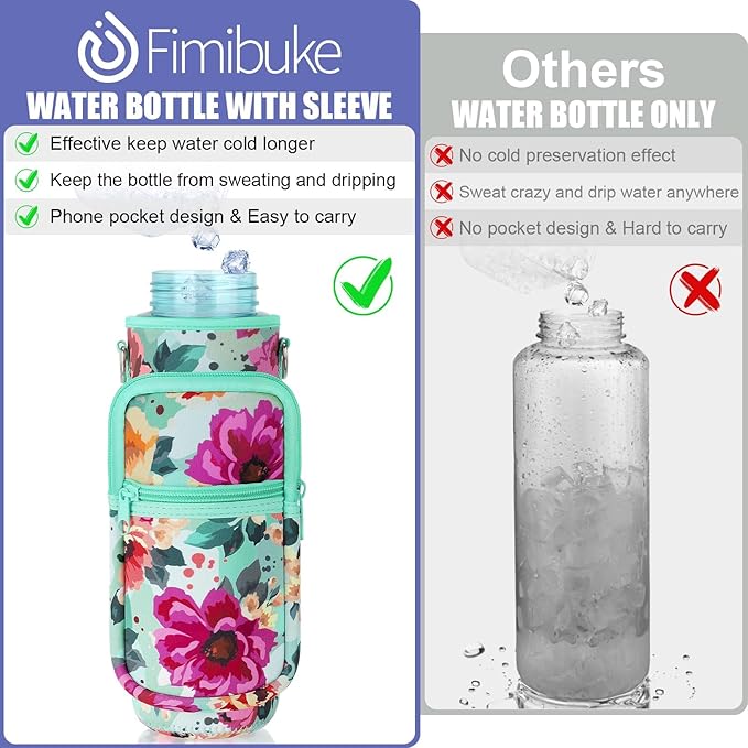 Fimibuke 32 oz Water Bottle with Sleeve - BPA Free Leakproof Sport Large 1L Plastic Motivational Water Bottle with Straw Strap & Insulated Neoprene Holder Carrier Bag Great Xmas Gift for Women Men