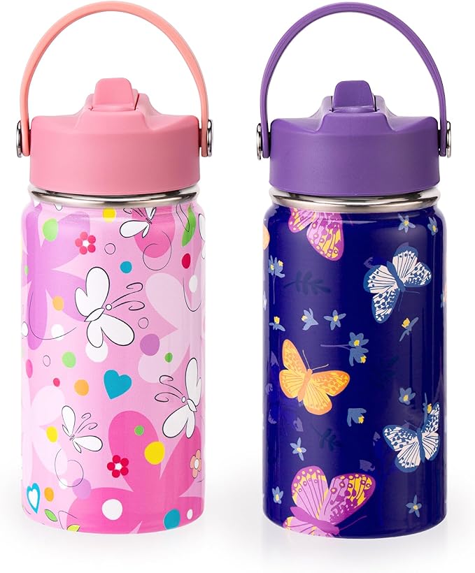 Kids Insulated Water Bottle, 2 Pack 12oz Butterflies Water Bottles Bulk with Flip Straw & Big Handle, Gifts for Kids Girls to School Travel Sports, Hands Wash Only, Purple & Pink