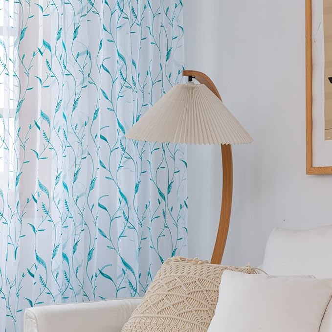 Windows Sheer Curtains Embroider Green Leaf 72 Inches Length 2 Panels Voile Light Filtering Sheer Curtains Panel Basic Rod Pocket for Bedroom Living Room Children Room