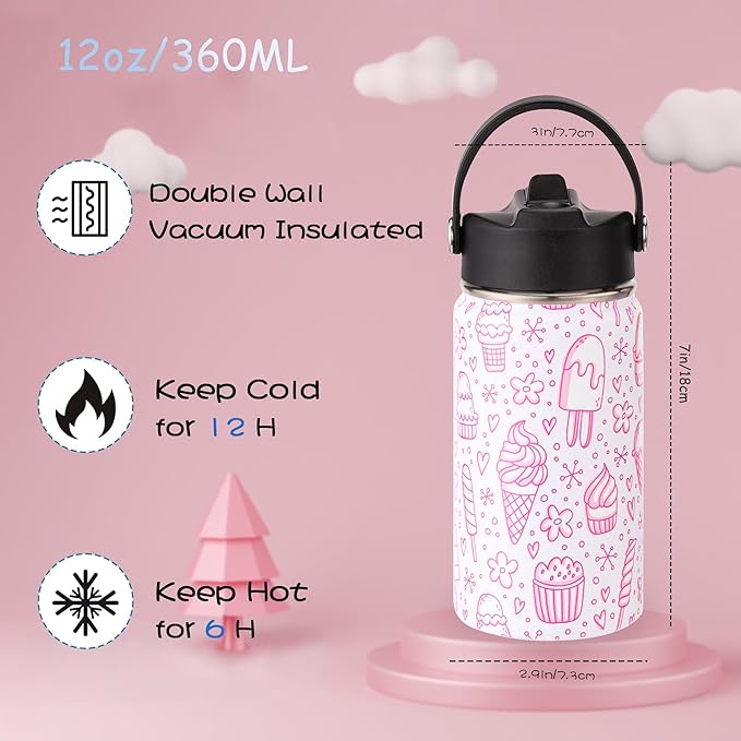 Kids Insulated Water Bottle, 2 Pack 12oz Ice Cream Water Bottles Bulk with Flip Straw & Big Handle, Gifts for Kids Girls to School Travel Sports, Hands Wash Only, Pink & White