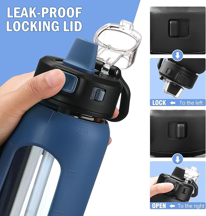 Kodrine Water Bottle With Straw and Carry Handle, Glass Water Bottle 24 oz Leak Proof Locking Lid with Soft Silicone Spout, Small Clear Water Bottle, Travel Sports Water Jug, Time Marker, Navy Blue