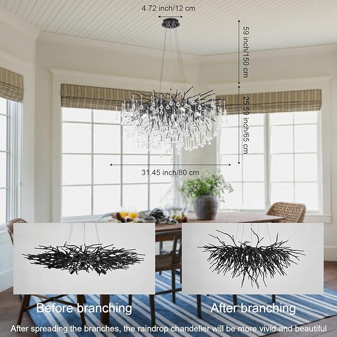 Black Chandeliers for Dining Room,Farmhouse Crystal Chandelier,10-Light Tree Branch Chandelier Light Fixture for Living Room, Kitchen Island D31.5
