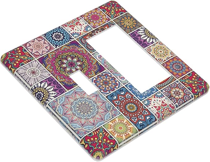 Morocco Talavera Mexican Tiles Printed Colroful Mandala 2 Gang Single Toggle Rocker Combination Light Switch Covers Wall Plate Cover Electrical Faceplate Decorative Switchplate for Kitchen Bathroom