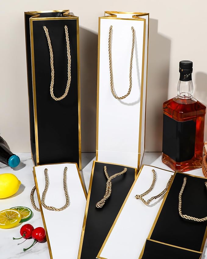 Megitzuu 12 Pack Wine Bottle Gift Bags - Wine Bags with Gold Foil Design, Reusable Bottle Totes for Fathers Day, 13.8"x4"x4" Kraft Paper Wine Bag with Handles for Birthday Party Wedding Bridal Shower