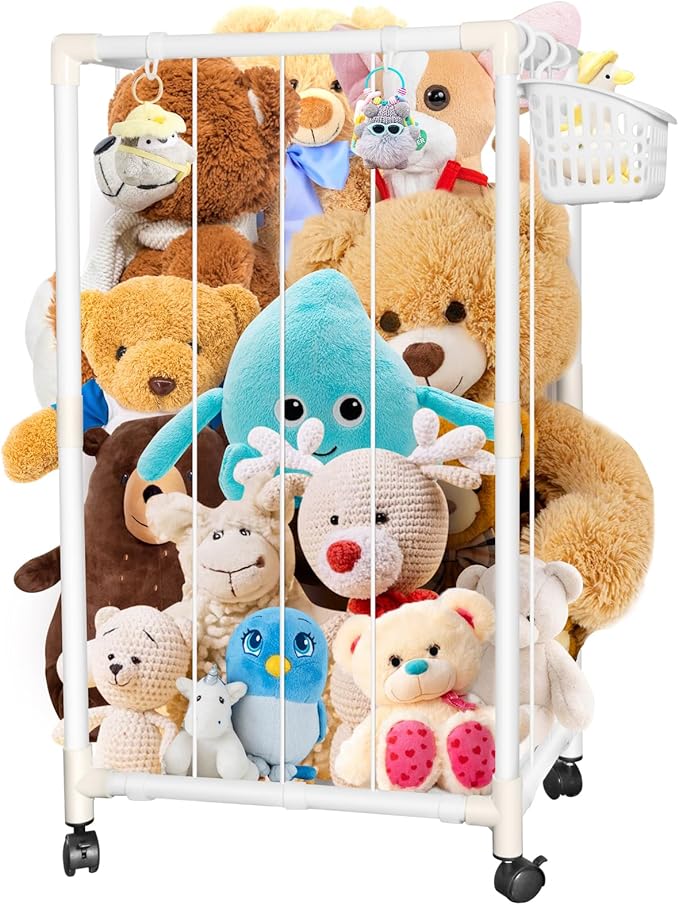 Stuffed Animal Storage Zoo Stuffed Animal Holder Space Save Vertical Stuffed Animals Storage PVC with Elastic Band and Net for Playroom Birthday Gift (Small-White)