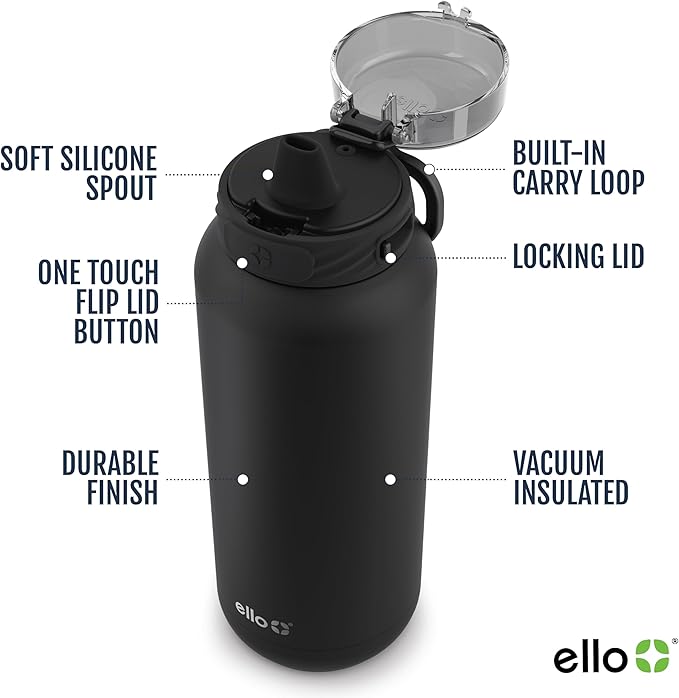 Ello Cooper 40oz Stainless Steel Water Bottle Vacuum Insulated with Straw and Carry Handle, Leak Proof Locking Lid with Soft Silicone Spout, Dishwasher Safe, Bonfire
