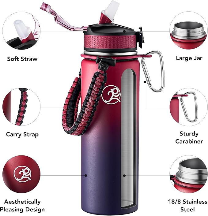 GOSWAG Insulated Sports Water Bottle, 24oz 2 Lids(with Straw/No Straw), Stainless Steel Water Bottles with Paracord Handle, Insulated Thermos with Double-Wall Vacuum Insulation