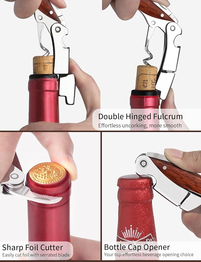 Wine Key - CORKAS Prestige Waiter Corkscrew with Rosewood Handle, Handcrafted Wine Opener Manual with Double Hinged, Foil Cutter and Bottle Opener, Ideal Gifts for Sommelier, Bartenders, Servers