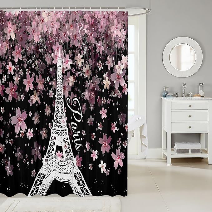 Feelyou Cherry Blossoms Shower Curtain 72"x78" Kids Eiffel Tower Bathroom Shower Curtain Set for Boys Girls Teens Romantic Paris Bath Curtain Floral Botanical Bathroom Accessories