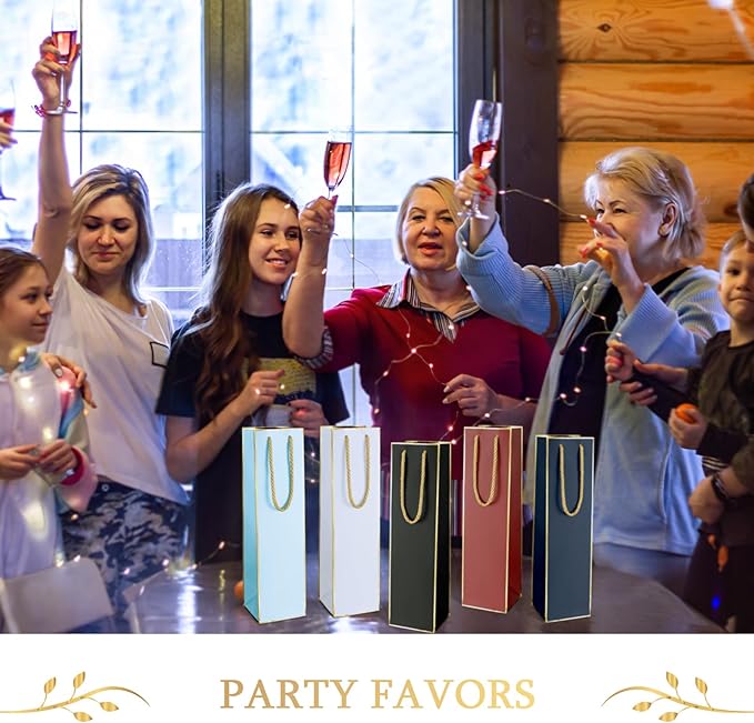 Fumete 50 Pack Wine Bottle Gift Bags Paper Wine Gift Bags Bulk 13.8x3.7x3.5 Wine Bags with Handles Appreciation Gifting Bags for Christmas Wedding Anniversary Birthday Party(Retro Colors)