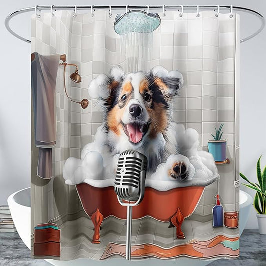 AILONEN Cute Bubble Puppy Shower Curtain for Kids Boys,Funny Singing Dog Waterproof Fabric Shower Curtain for Bathroom,Lovely Hilarious Pet Shower Curtain Set with Hooks,72" W*96" H