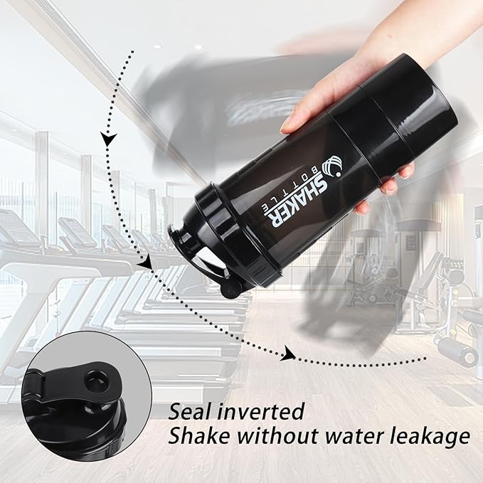 Shaker Bottle - Protein Shaker Cup with Storage Compartments - Leak-proof Workout Shake Bottles with Mixer for Smooth Mixing-500ML/16oz (PURE BLACK)