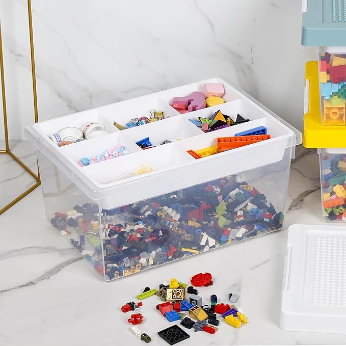 loobuu Plastic Storage Bins with Lids - 3 Set Stackable Arts Crafts Organizer Box with Removable Divided Tray & Compatible Building Baseplate, Toy Chest Containers for Bricks (14.37"x9.64"x6.69")