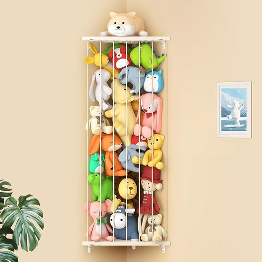Kids Stuffed Animal Storage Organizer - Corner Stuff Animal Holder for Kids with Length Adjustable - Plush Toys Wall Storage for Nursery Playroom Bedroom (Ivory)