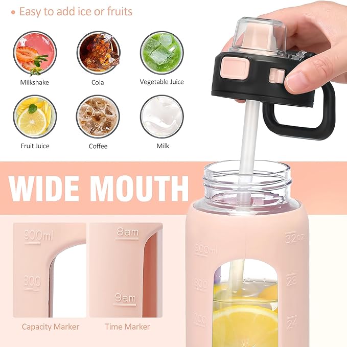 Kodrine 32 oz Glass Water Bottle with Soft Silicone Spout, Locking Lid, and Carry Loop, Pink