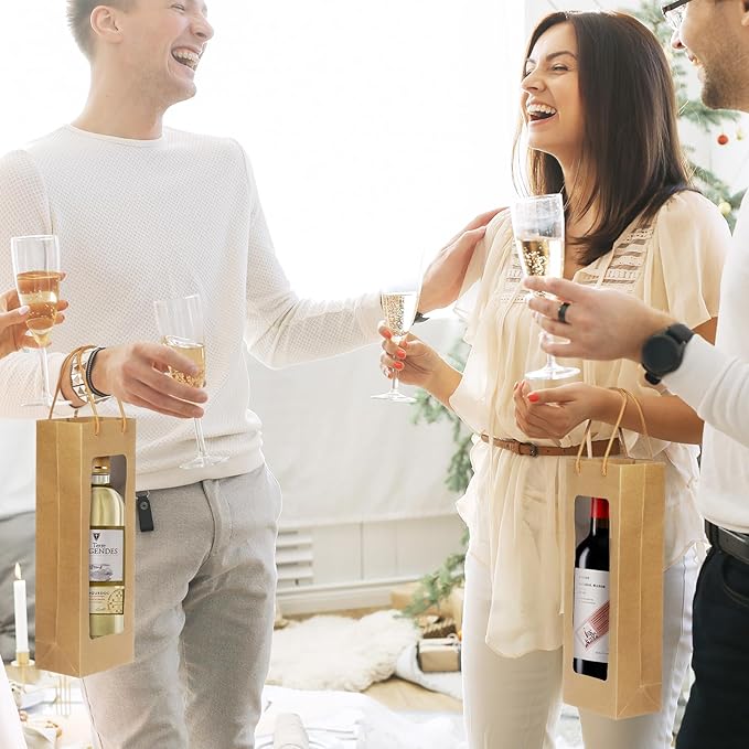 Megitzuu Wine Bottle Gift Bags With Window, 10 Pack Reusable Kraft Paper Gift Bags for Wine Bottle Birthday Party Wedding Bridal Shower