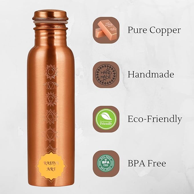 Pure Copper Metal Water Bottle - 32 oz - Indian Handmade Ayurveda Healing Drinking Water Bottle for Travel, Hiking, Gym, Office, Outdoor - Glossy Seven Chakras