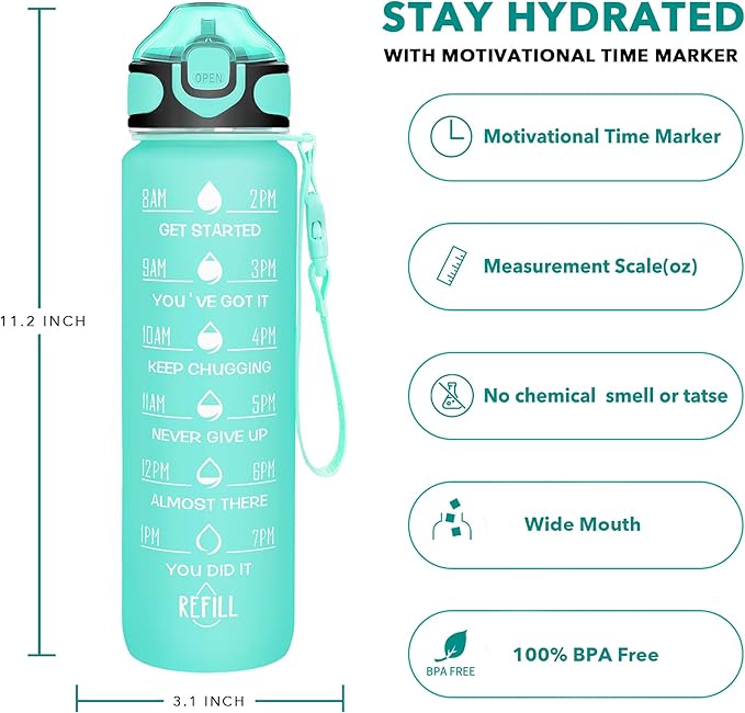 Enerbone 32 oz Water Bottle with Times to Drink and Straw, Motivational Drinking Water Bottles with Carrying Strap, Leakproof BPA & Toxic Free, Ensure You Drink Enough Water for Fitness Gym Outdoor