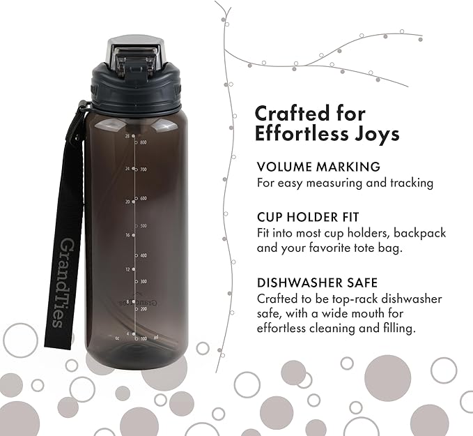 GRANDTIES Sports Tritan Plastic Water Bottle with Straw, Removable – Leakproof BPA Free Dishwasher Safe Travel Water Bottle with Strap for Gym, Outdoor, Fitness (Midnight Black, 28oz (800mL))