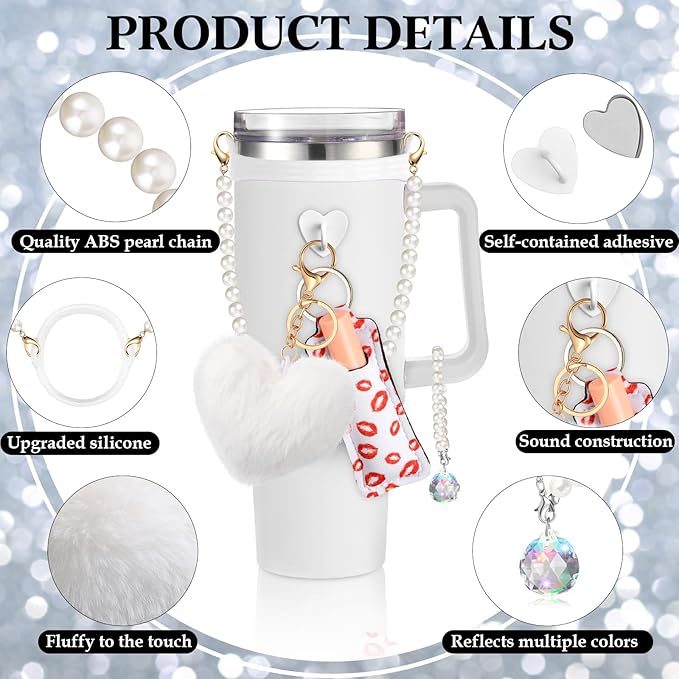Water Bottle Accessories Set with Silicone Water Bottle Handle with Strap Hanging Charms Compatible with Stanley Cup(White)