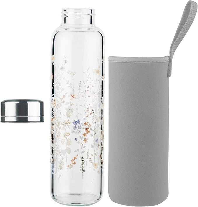 Borosilicate Glass Water Bottle, Sports Glass Drinking Bottle with Neoprene Sleeve and Stainless Steel Lid 16oz / 32oz
