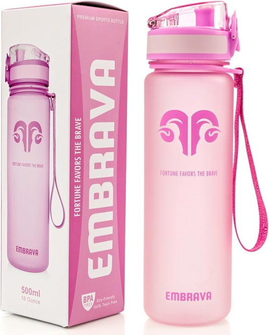 Embrava Best Sports Water Bottle - 17oz Small - Eco Friendly & BPA-Free Plastic - For Running, Gym, Yoga, Outdoors and Hiking - Fast Water Flow, Flip Top, Opens With 1-Click - Leak-proof Lid