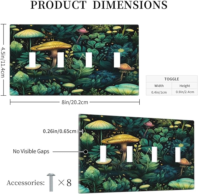 Green Dark Forest Mystical Mushroom Quad Toggle Light Switch Covers 4 Gang Wall Plate Decorative Switchplate Electrical Faceplate for Country Bathroom Bedroom Kitchen Decor