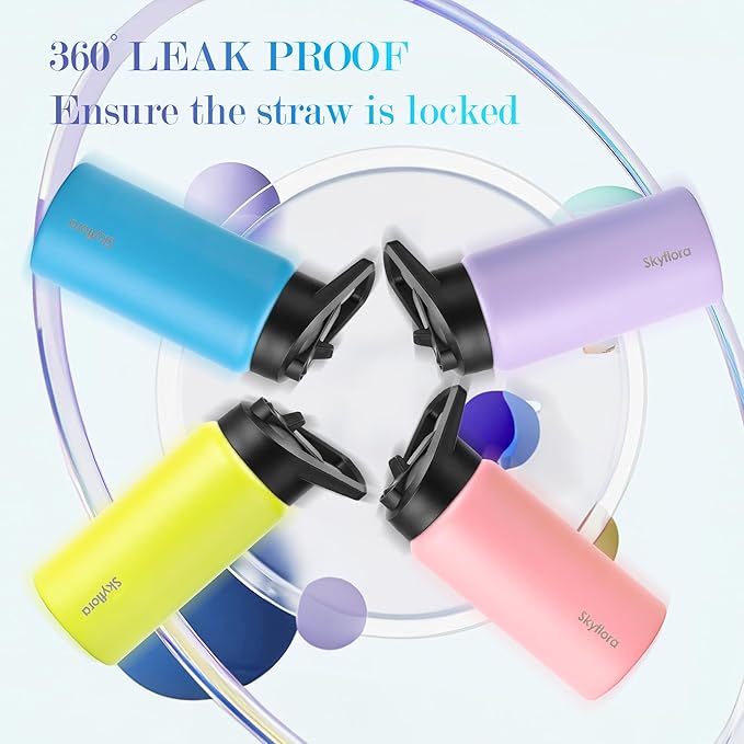 Kids Water Bottle with Straw 2 Pack, 16oz Water Bottles Bulk, Single Wall 18/8 Stainless Steel, Dishwasher Safe & Leakproof, Reusable Gift for Girls Boys to School Sports Travel Camping, Pink & Blue