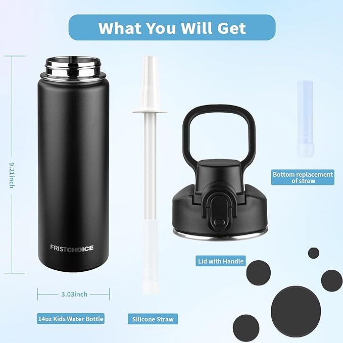 Insulated water bottle with Straw,24oz Stainless Steel Water Bottle for Adult Kids,Double Wall Vacuum Wide Mouth Insulated Water Bottle for Sports,BPA-free and Leak-proof（24oz,Black）