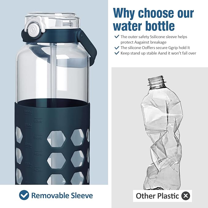 MUKOKO Half Gallon/64 oz Glass Water Bottles with Straw and Lid,Motivational Water Jug with Time Marker Reminder and Silicone Sleeve,100% Leakproof BPA Free Fitness Sports Large Bottle-Blue