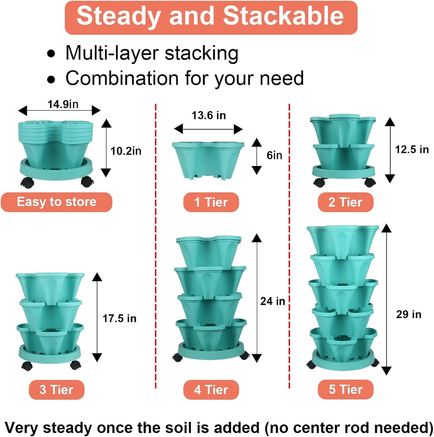 Vertical Planter 5 Tier Stackable Planters Garden Planters Strawberry Herb Flower and Vegetable Planter Indoor Outdoor Gardening Pots with Removable Wheels and Tools