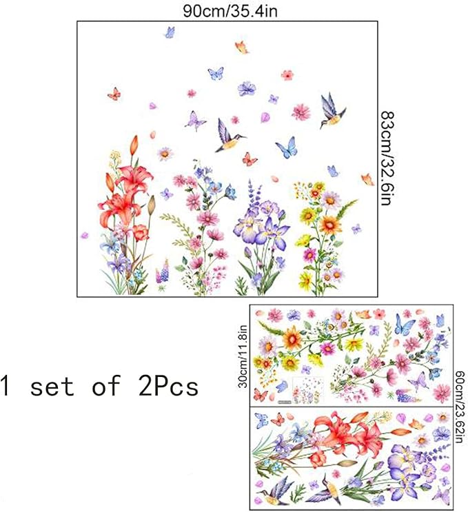 2PCS Colorful Flower Butterfly Wall Stickers, Removable DIY Cartoon Flower Blossom Wall Murals Stick 3D Wall Art Stickers Home Decor for Girls and Boy Bedroom Living Room