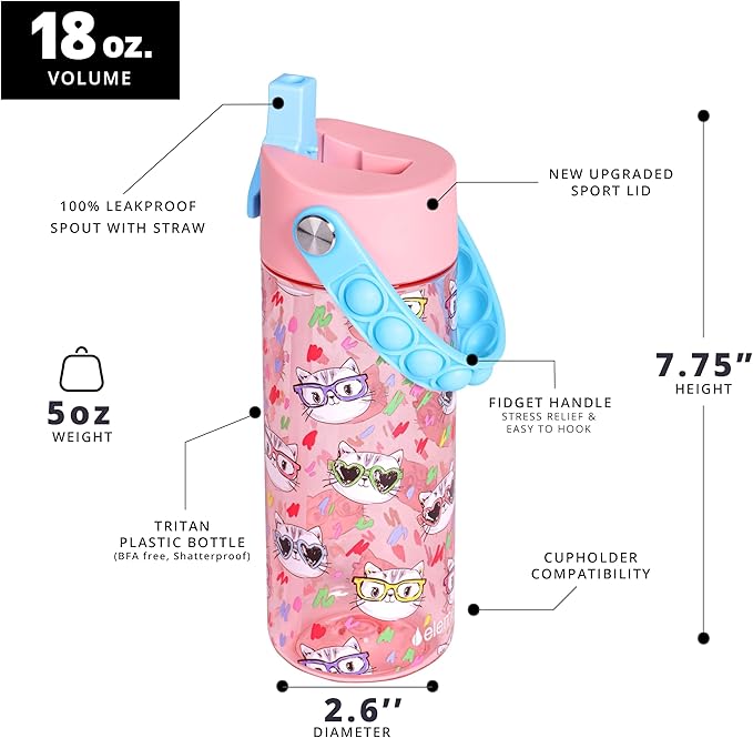 Elemental Leak Proof Water Bottles for Kids - Splash Kids Water Bottle for School with Fun Fidget Pop-it Handle - Tritan Plastic Water Bottle with Straw - Stylish Cat & Spring Blossom - 18oz (2 Pack)