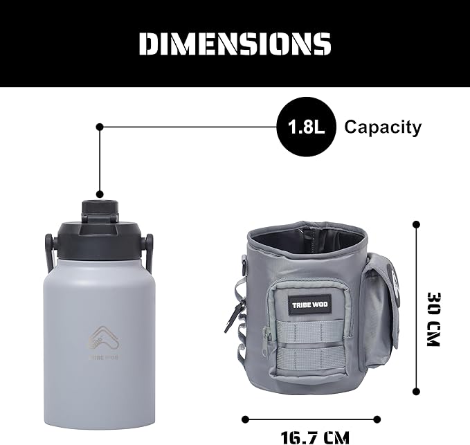 TRIBE WOD Tactical Water Bottle - 64 oz - Outdoor Military Water Bottles Stainless Steel - Double-Wall Jug with Rugged Strap and Removable Sleeve for Keys, Wallet, Phone (Ash Grey)