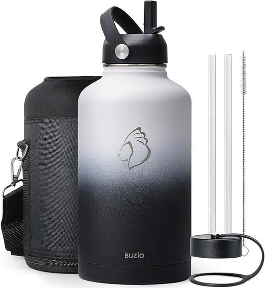 BUZIO 64oz Insulated Water Bottle with Straw Lid and Flex Cap, Stainless Steel Powder-Coat Water Flask, Keep Beverage Cold for 48 Hrs Hot for 24 Hrs Simple Thermo Canteen Mug, White and Black
