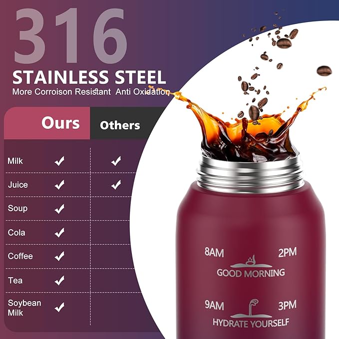 Sports Water Bottle 18/10 Stainless Steel 32oz with 2Lids, 1000ml Insulated Water Bottle Double Walled with Handle, Metal Canteen Keep Cold 48H Hot 24H for Men, Women & Kids