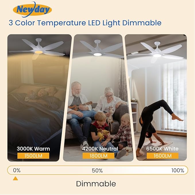 Newday 60" White Ceiling Fans with Light and Remote, Modern, Noiseless Reversible DC Motor, Large Indoor, Kitchen, Bedroom, Living Room