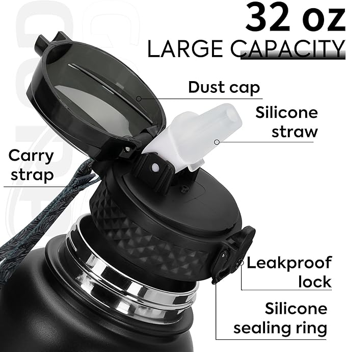 GOPPUS 32 oz Sports Water Bottle 1 Liter Double Wall Insulated Stainless Steel Water Bottles with Straw Lid Reusable Leak proof Metal water bottles with Strap Handle(Black 1 lid)