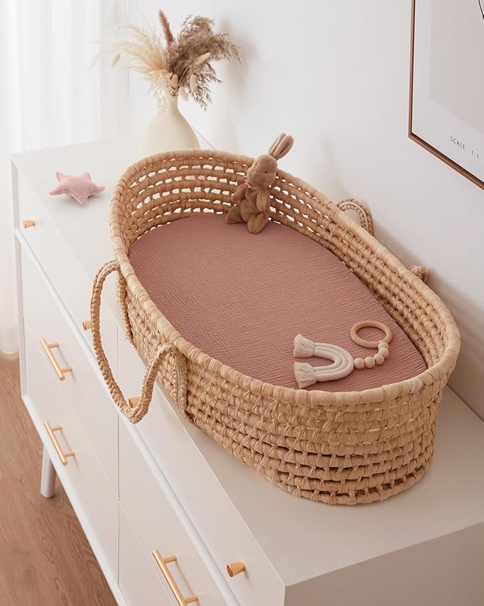 Blissful Diary Muslin Bassinet Sheets for Baby Girls Boys, Boho Soft Cotton Fitted for Oval Hourglass Rectangle Mattress, 2 Pack(Dusty Pink&Cream)