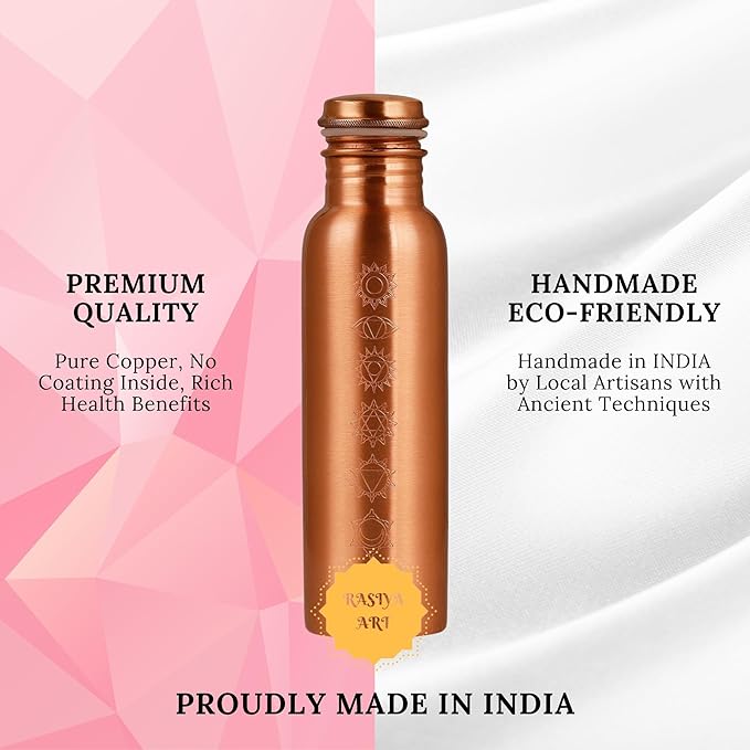 Pure Copper Metal Water Bottle - 32 oz - Indian Handmade Ayurveda Healing Drinking Water Bottle for Travel, Hiking, Gym, Office, Outdoor - Glossy Seven Chakras