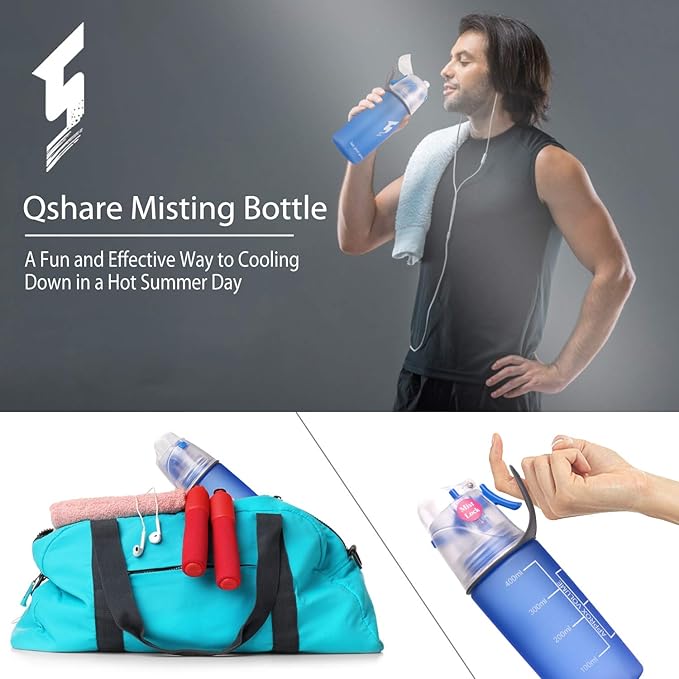 Misting Water Bottle, Spray Mist Sports Bottle for Outdoor Sport Hydration and Cooling Down, BPA-Free Misting Water Bottle with Unique Mist Lock Design (Blue-16oz)